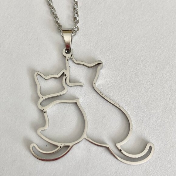 Two Cats Charm Pendant Necklace 17-19" Chain Stainless Steel Cat Lady Silhouette - Picture 4 of 8